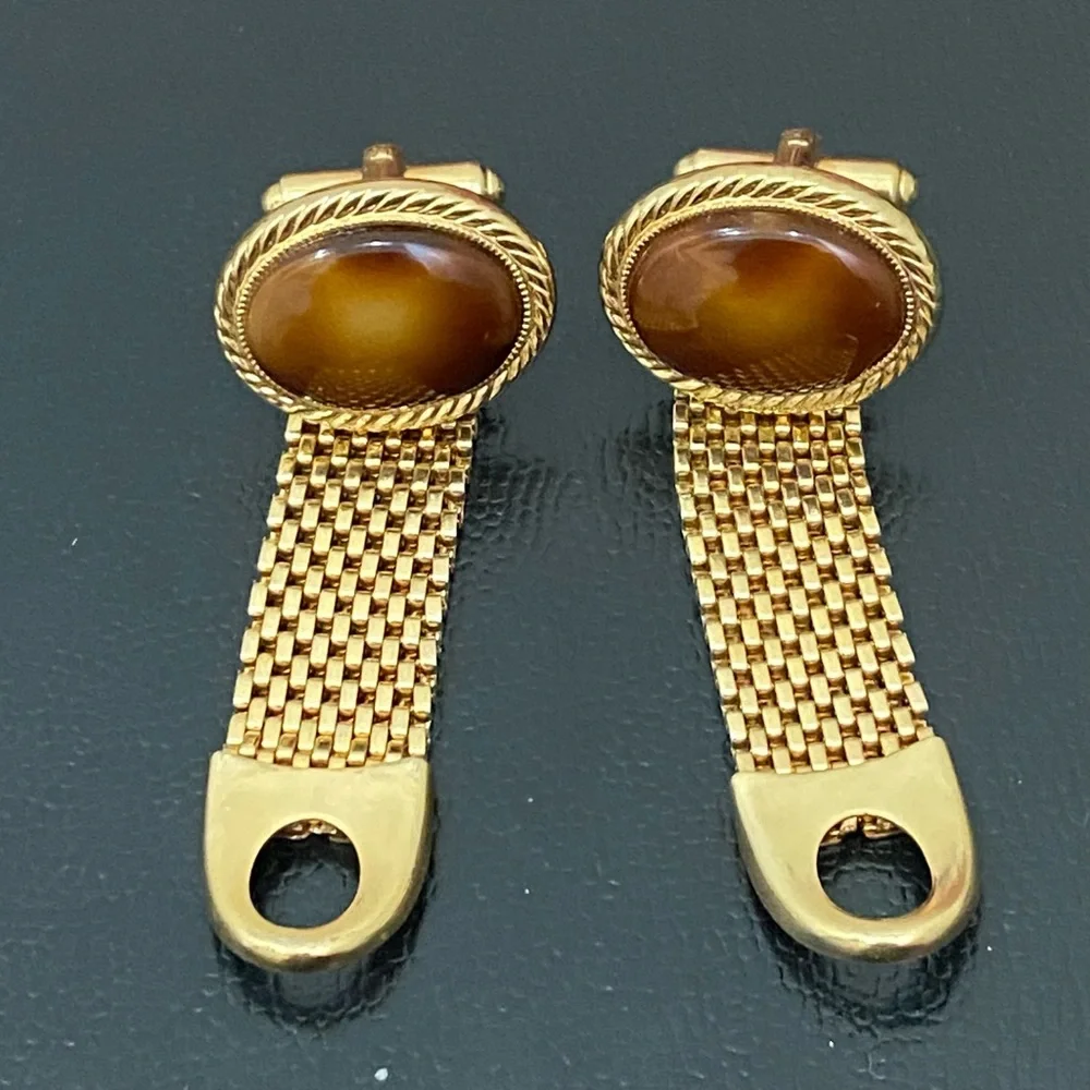 Vintage AVON Yellow/Brown Cabochon Gold-tone Mesh Cuff Links